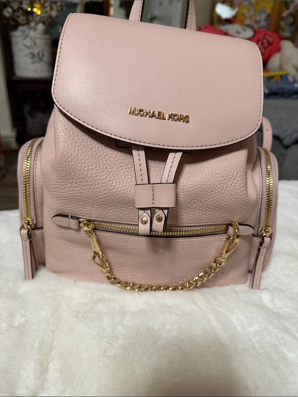 Michael Kors POWDER BLUSH Jet Set Travel Medium Pebble Leather Chain Backpack